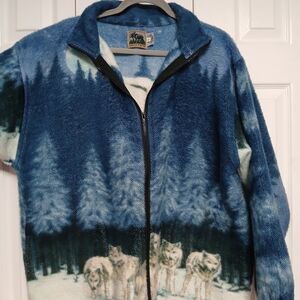 Vintage Cabin Fever Wolf Print Fleece Jacket Blue Zip Drawstring Pockets Men's L